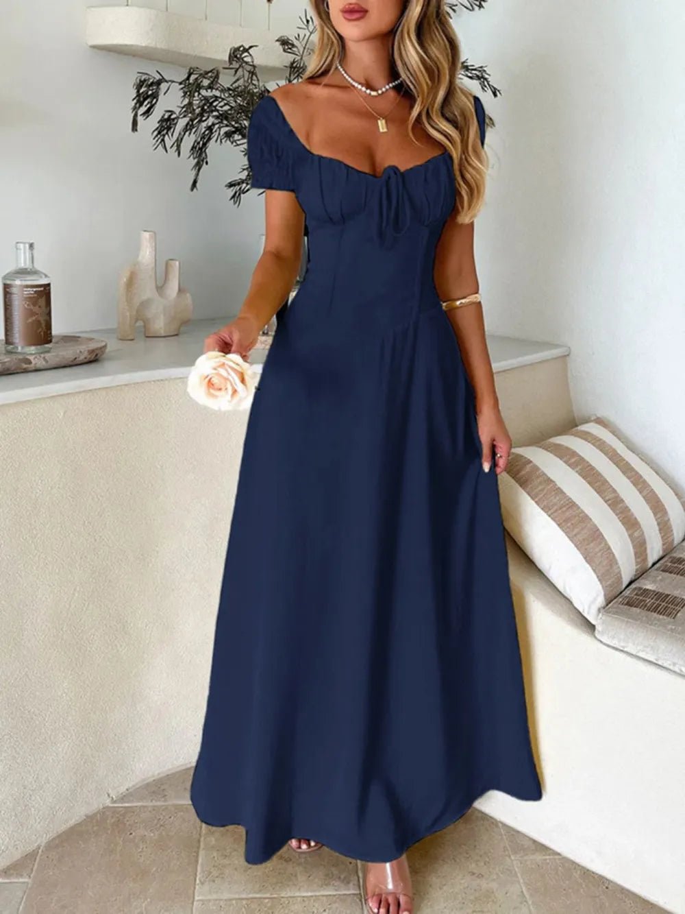 Devine Sweetheart Neck Short Sleeve Maxi Dress - Crowned Energy CO.