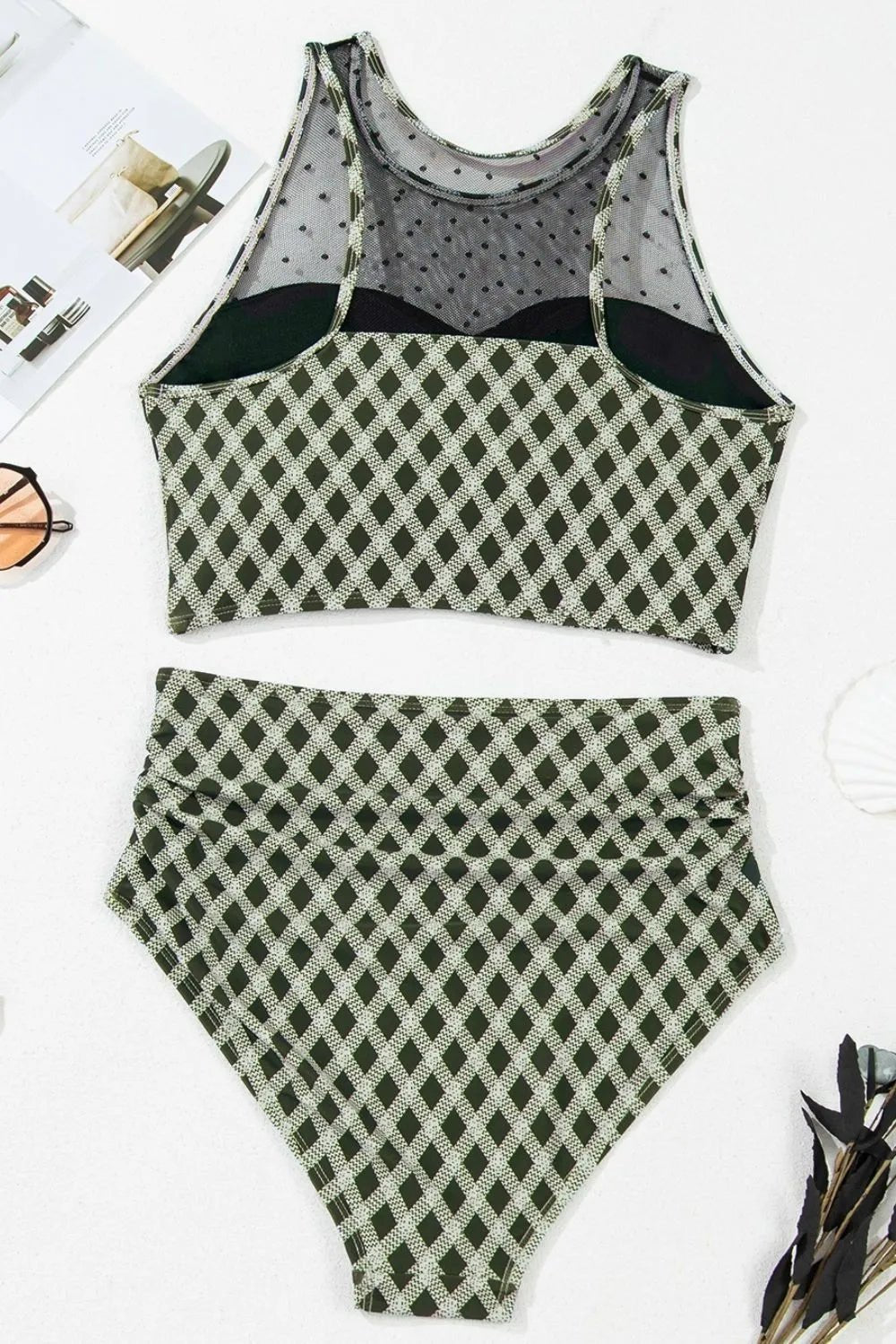Dotted Mesh Plaid Patchwork High Waisted Swim Set - Crowned Energy CO.