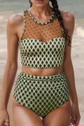 Dotted Mesh Plaid Patchwork High Waisted Swim Set - Crowned Energy CO.