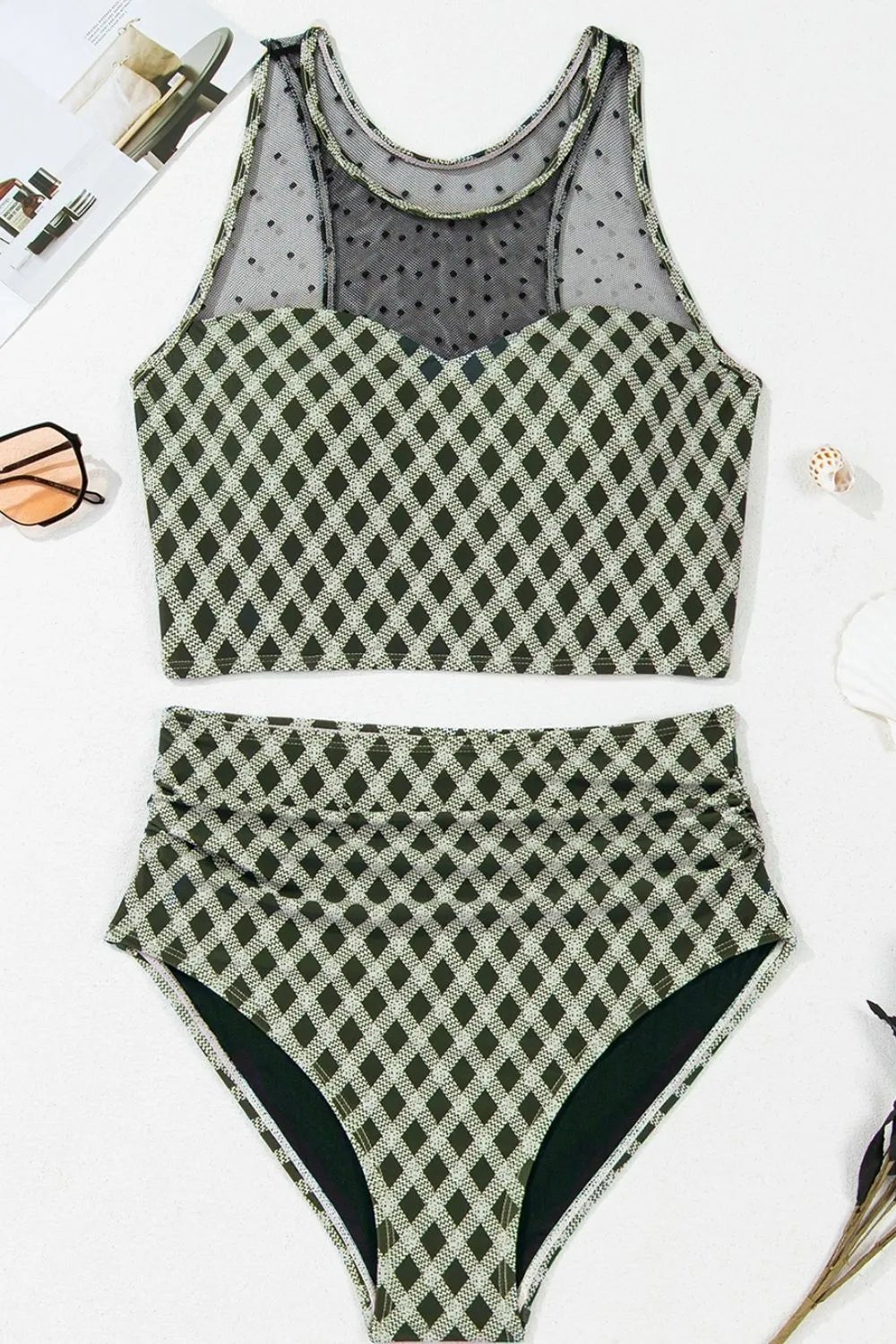 Dotted Mesh Plaid Patchwork High Waisted Swim Set - Crowned Energy CO.