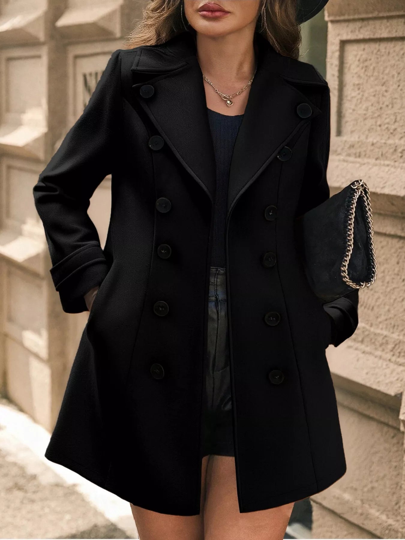 Double - Breasted Wool Blend Overcoat - Crowned Energy CO.
