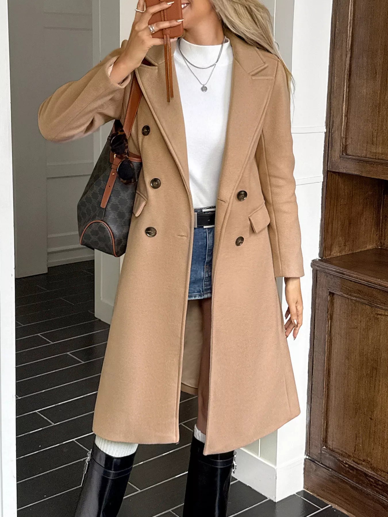 Double - Breasted Wool Blend Overcoat - Crowned Energy CO.
