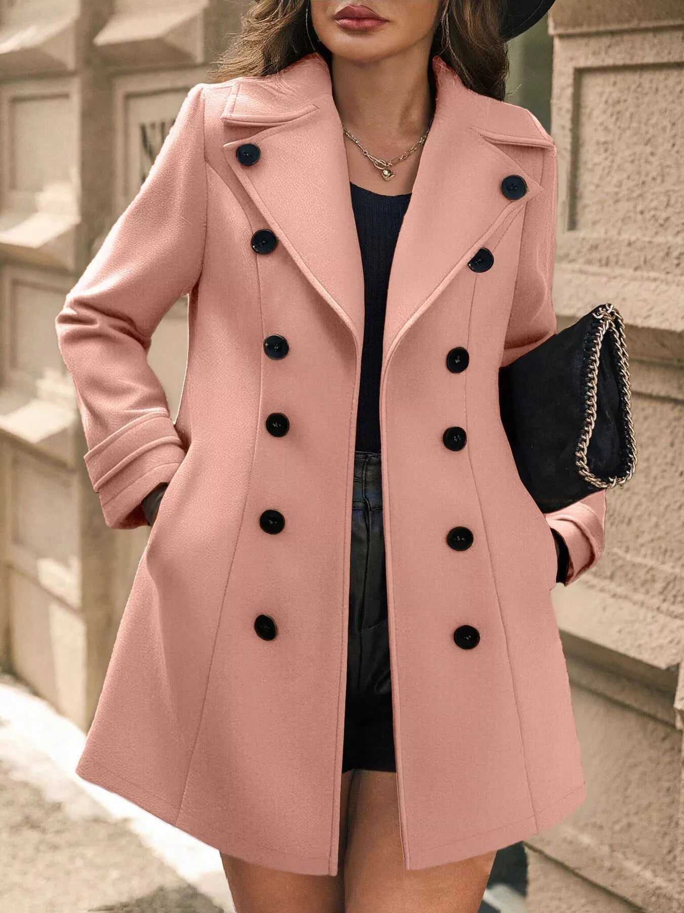 Double - Breasted Wool Blend Overcoat - Crowned Energy CO.