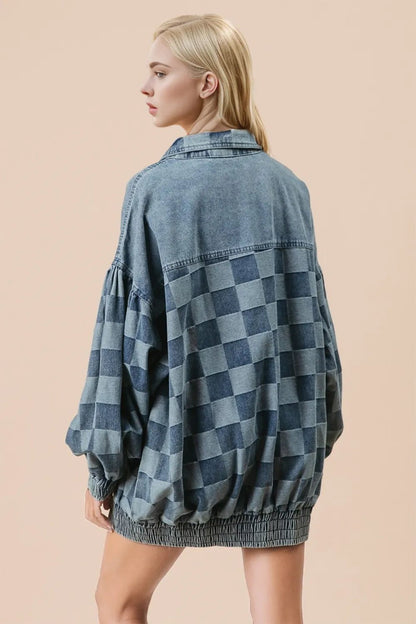 Double Take Checkered Button Up Denim Jacket - Goddess Vibes