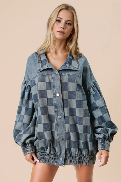 Double Take Checkered Button Up Denim Jacket - Goddess Vibes