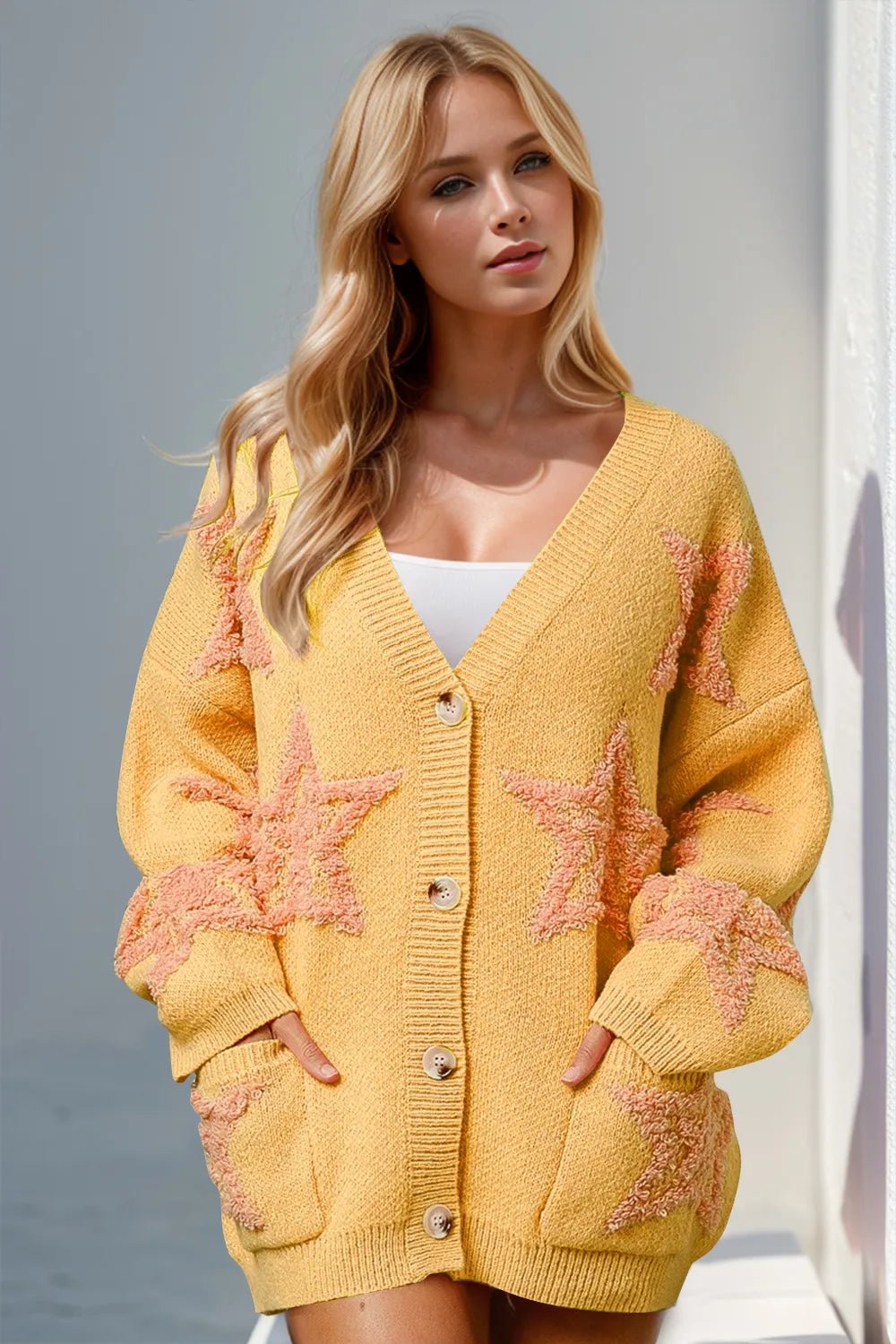 Double Take Full Size Button Up Star Pattern Cardigan - Crowned Energy CO.