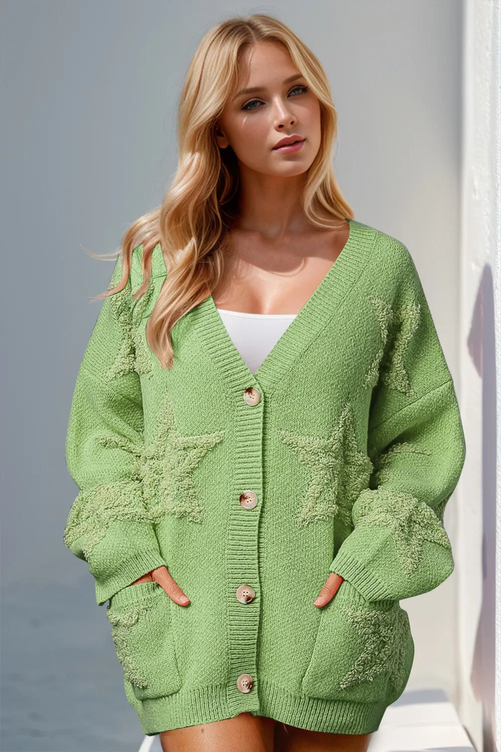 Double Take Full Size Button Up Star Pattern Cardigan - Crowned Energy CO.