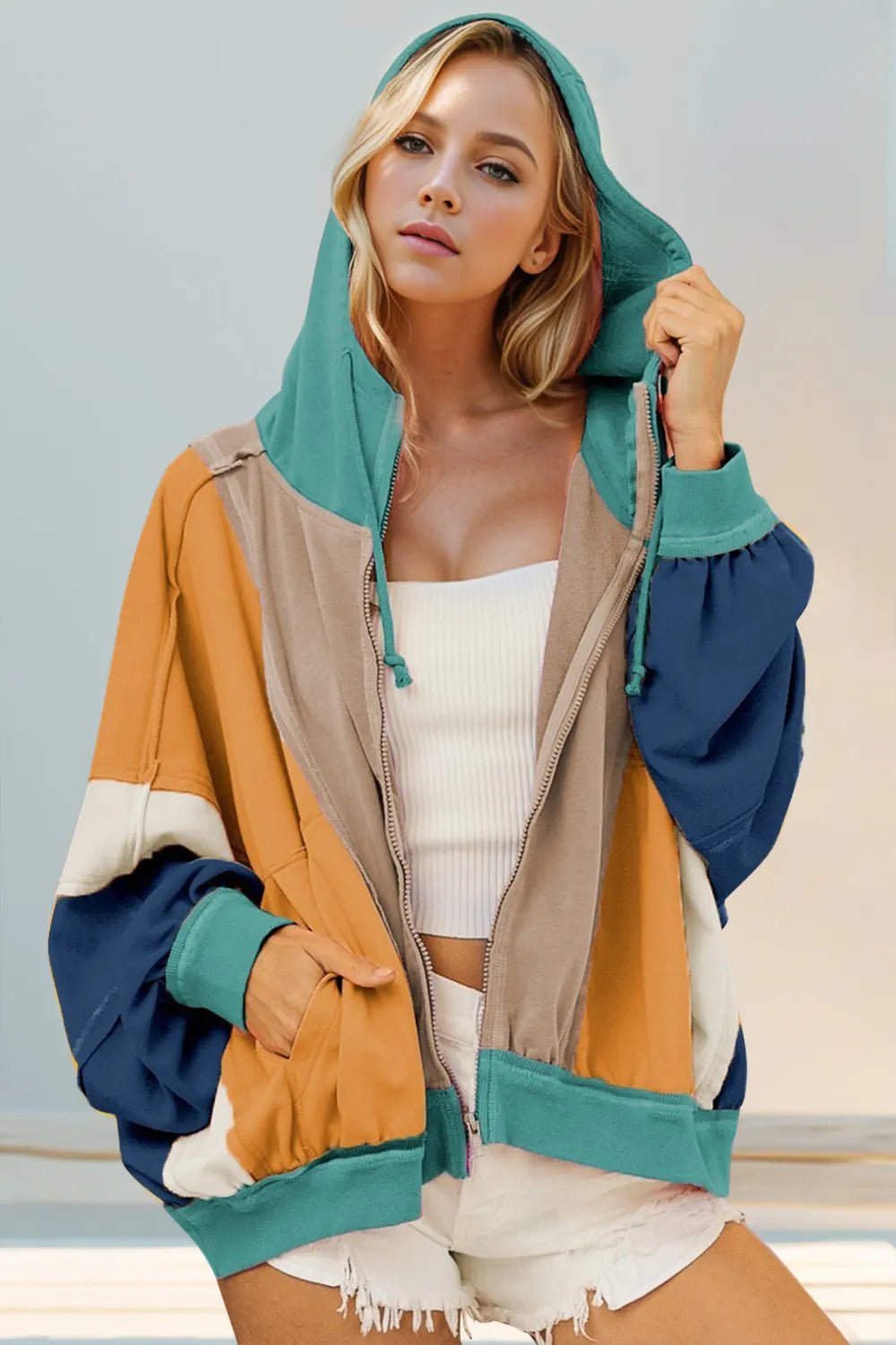 Crowned Energy CO. Khaki / S Trendsi COAT & JACKETS Double Take Full Size Color Block Zip Up Hoodie