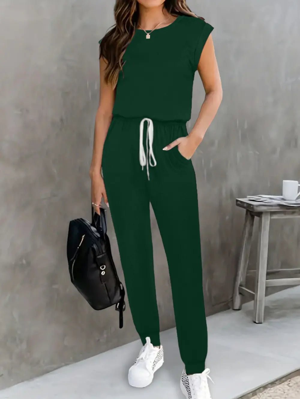 Drawstring Round Neck Sleeveless Jumpsuit - Crowned Energy CO.
