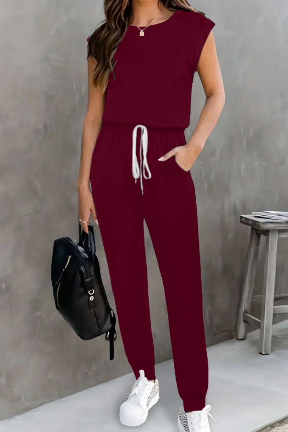 Drawstring Round Neck Sleeveless Jumpsuit - Crowned Energy CO.