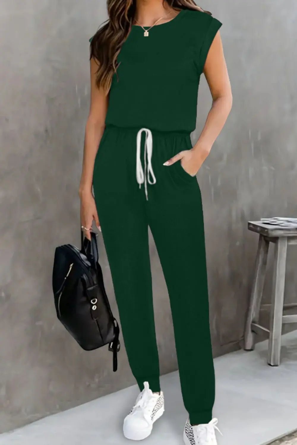 Drawstring Round Neck Sleeveless Jumpsuit - Crowned Energy CO.