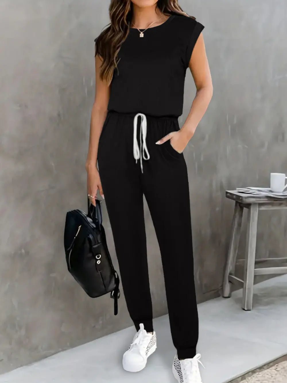 Drawstring Round Neck Sleeveless Jumpsuit - Crowned Energy CO.