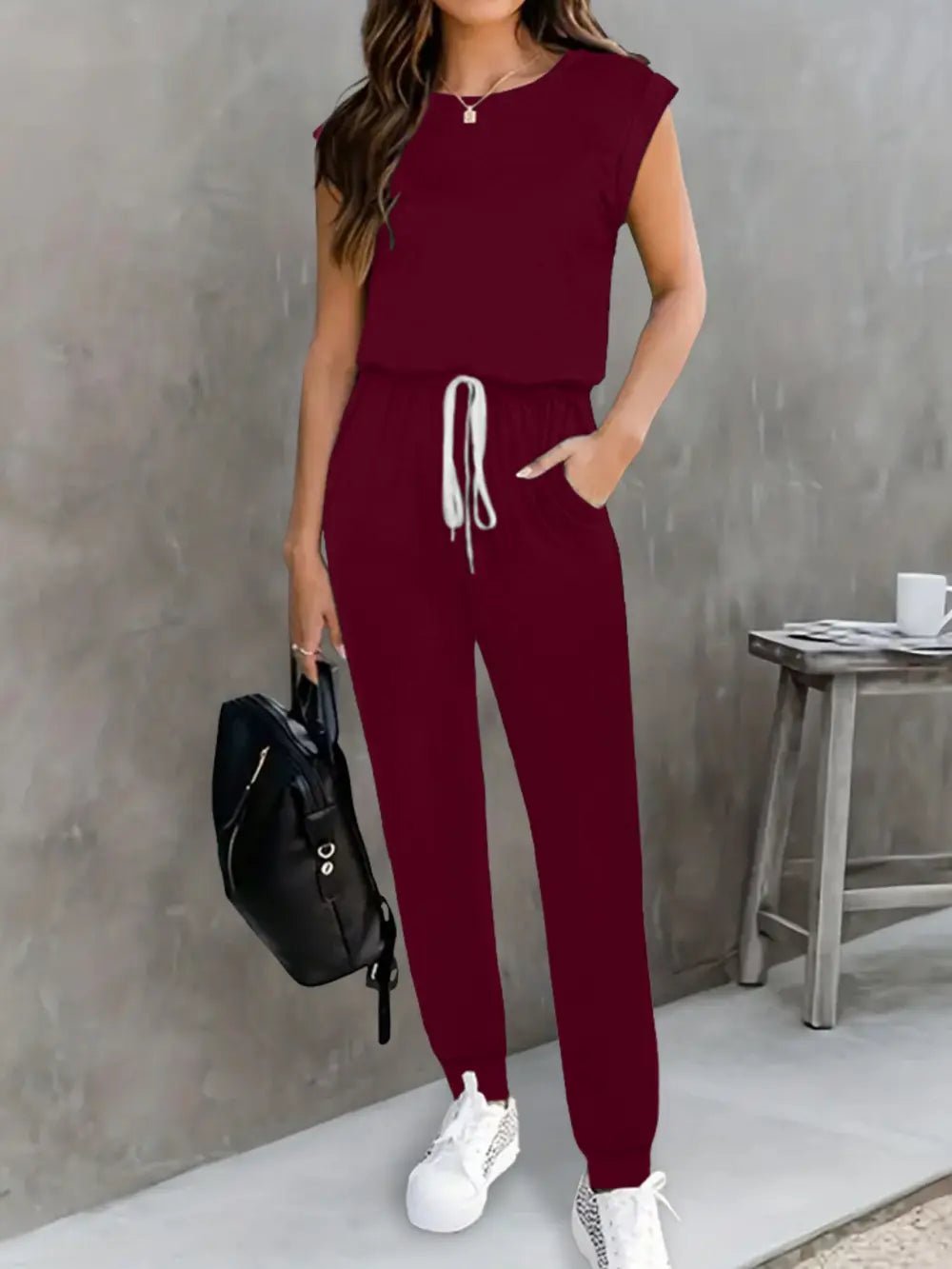 Drawstring Round Neck Sleeveless Jumpsuit - Crowned Energy CO.