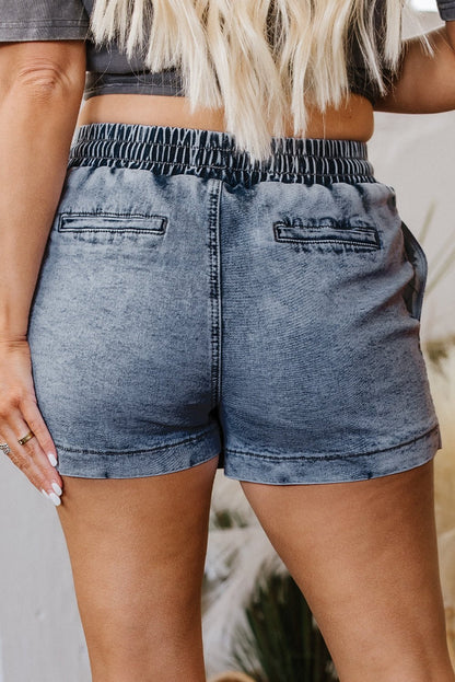 Dusk Blue Drawstring Elastic Waistband Pocketed Denim Shorts - Goddess Vibes