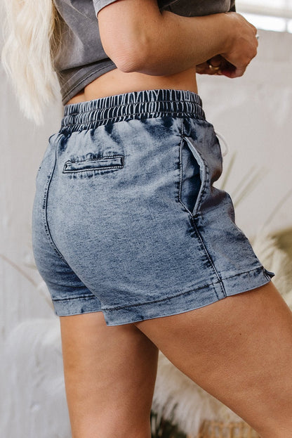 Dusk Blue Drawstring Elastic Waistband Pocketed Denim Shorts - Goddess Vibes