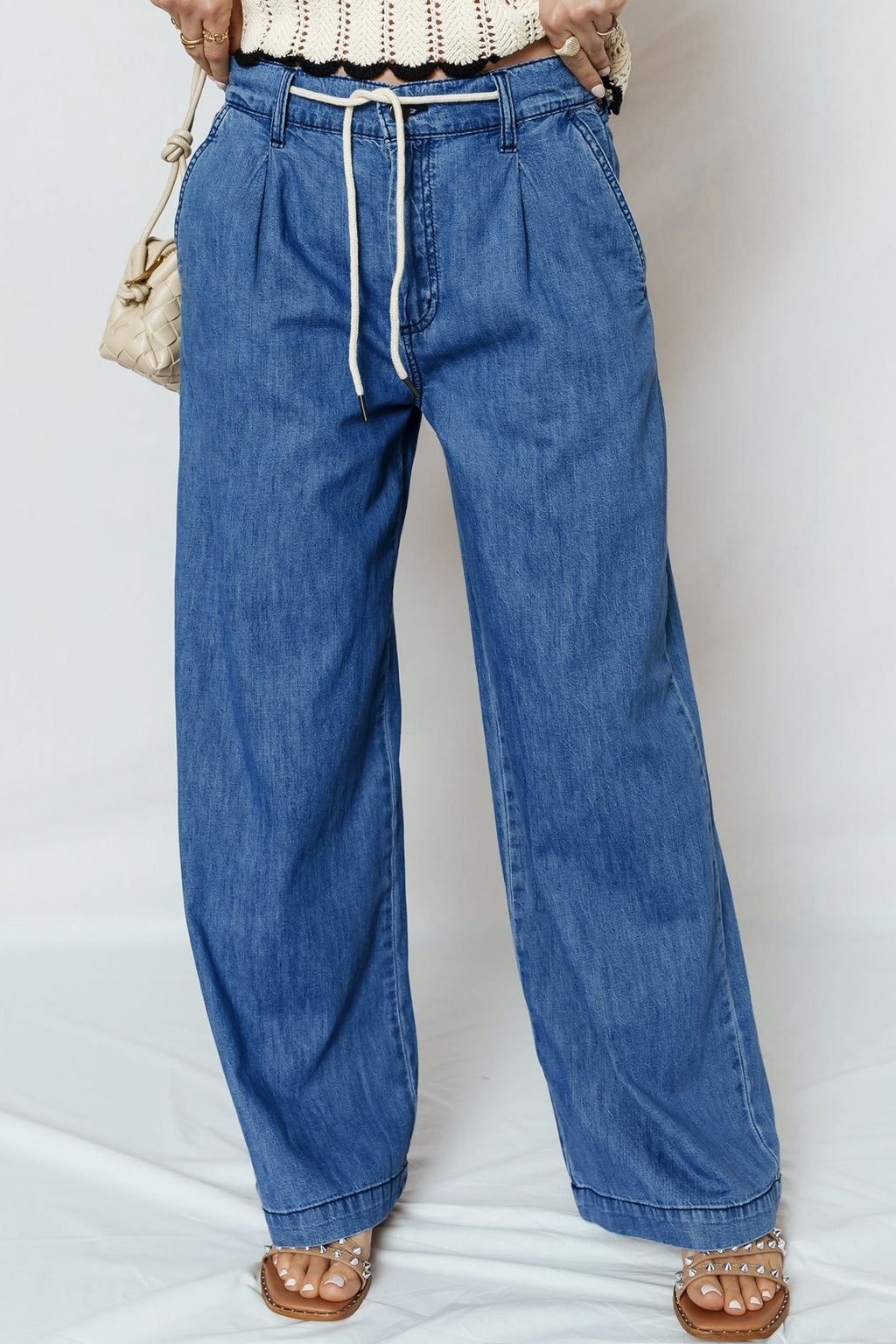 Dusk Blue Lace - up Pull on Wide Leg Jeans - Crowned Energy CO.