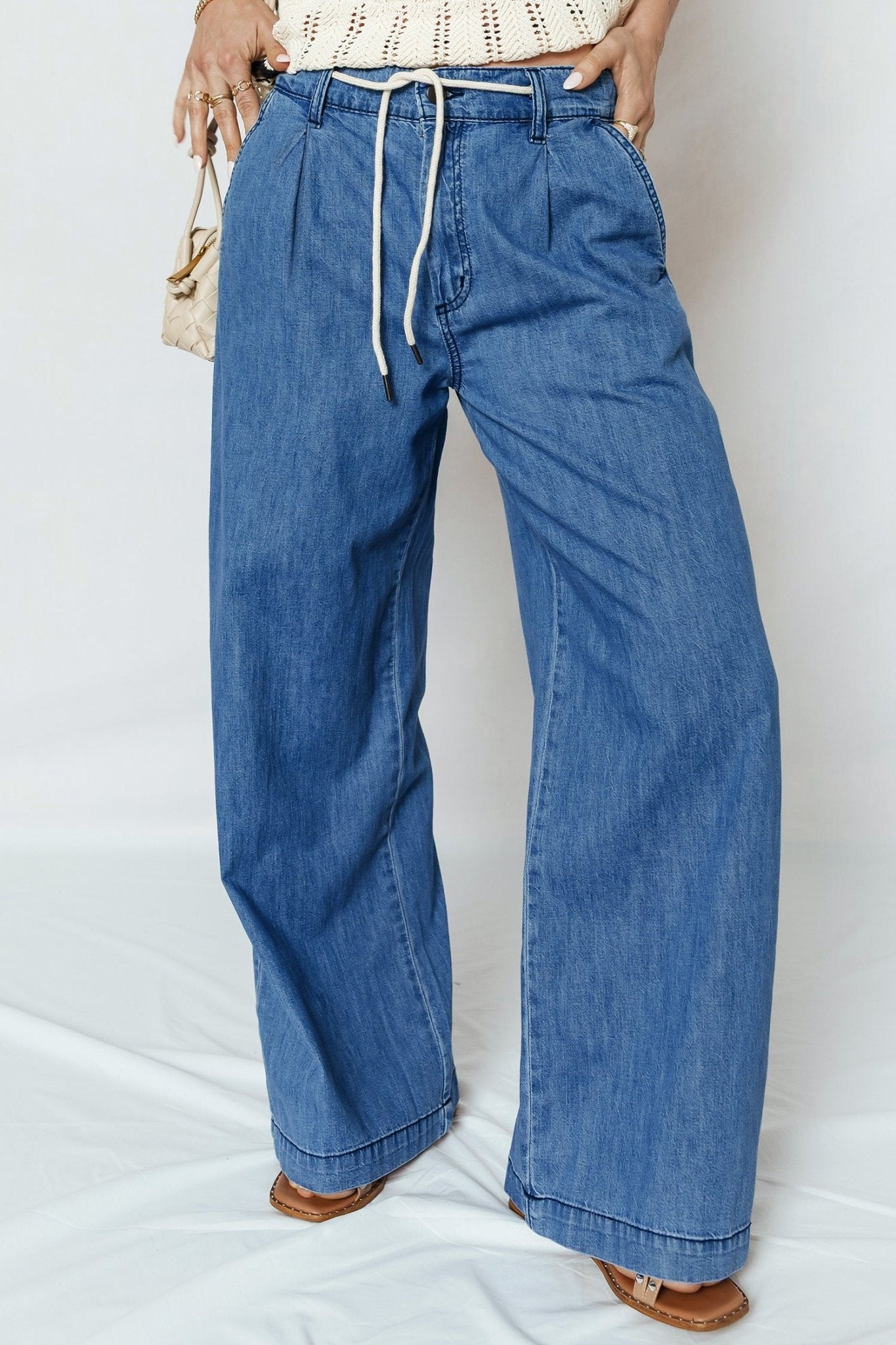 Dusk Blue Lace - up Pull on Wide Leg Jeans - Crowned Energy CO.
