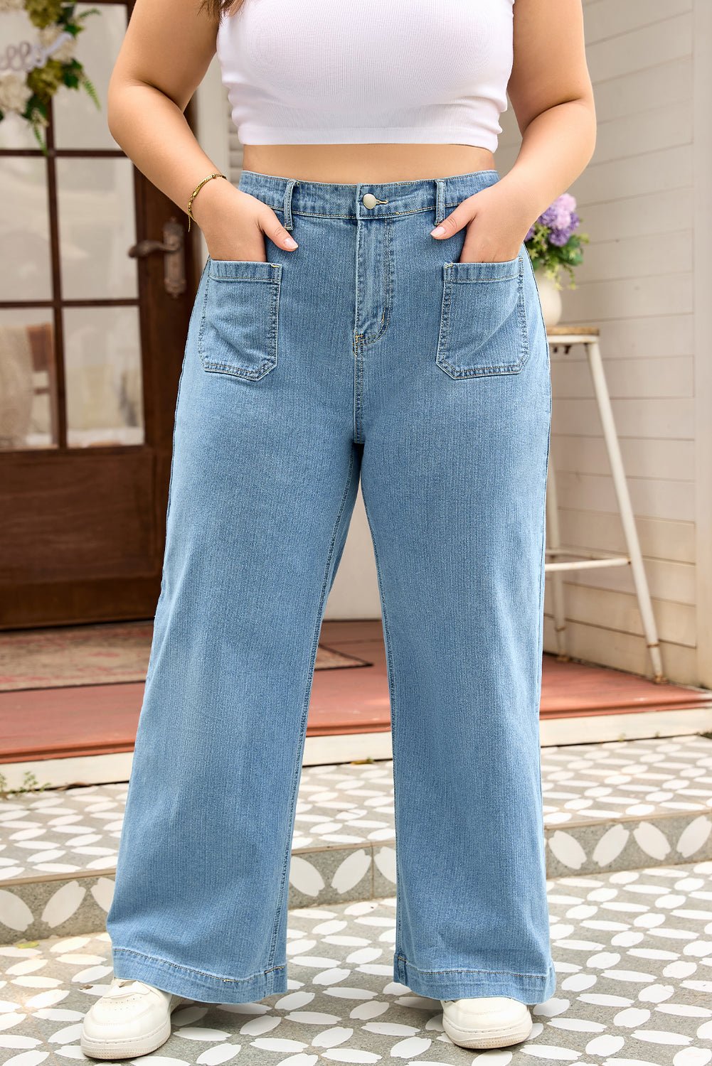 Crowned Energy CO. Dusk Blue / 1X / 65%Cotton+33%Polyester+2%Elastane Dear-Lover Dropshipping Plus Size/Plus Size Bottoms Dusk Blue Patched Pocket Textured Wide Leg Plus Size Jeans