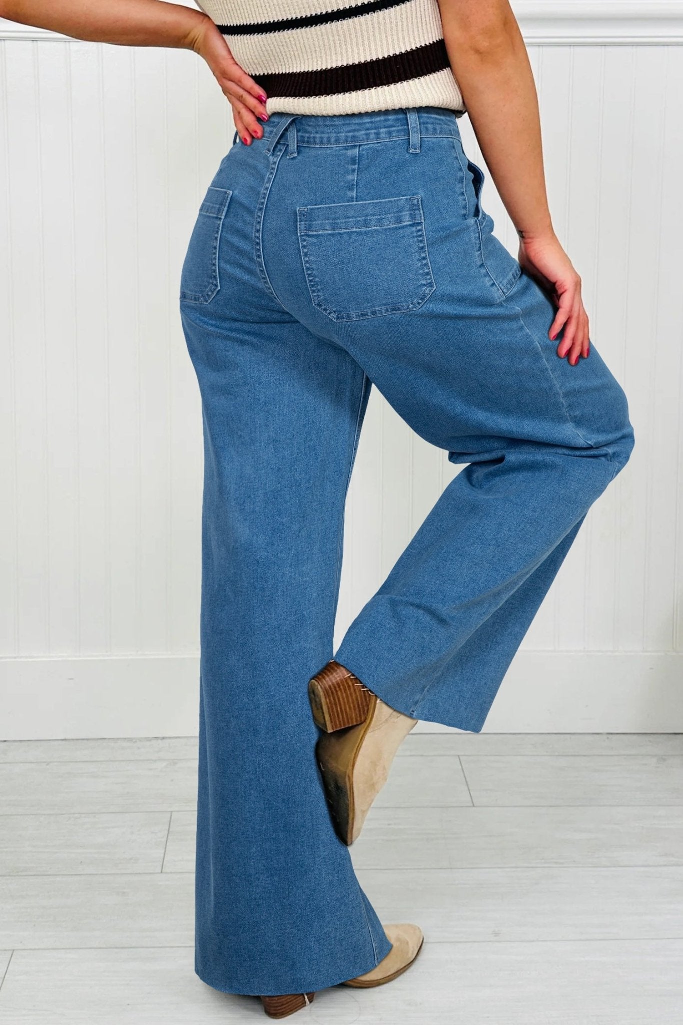 Dusk Blue Retro Washed Patch Pocket Stretchy Jeans - Crowned Energy CO.