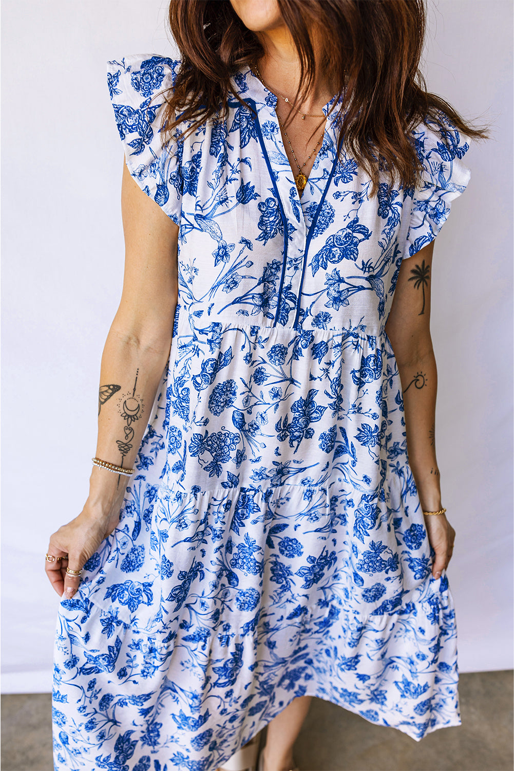 Blue Ruffled Short Sleeve Tiered Floral Midi Dress