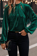 Evergreen Asymmetric Button Keyhole Neck Long Sleeve Velvet Blouse - Crowned Energy CO.