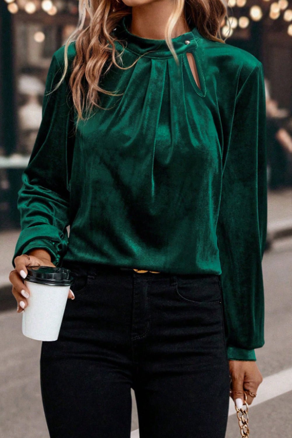 Evergreen Asymmetric Button Keyhole Neck Long Sleeve Velvet Blouse - Crowned Energy CO.