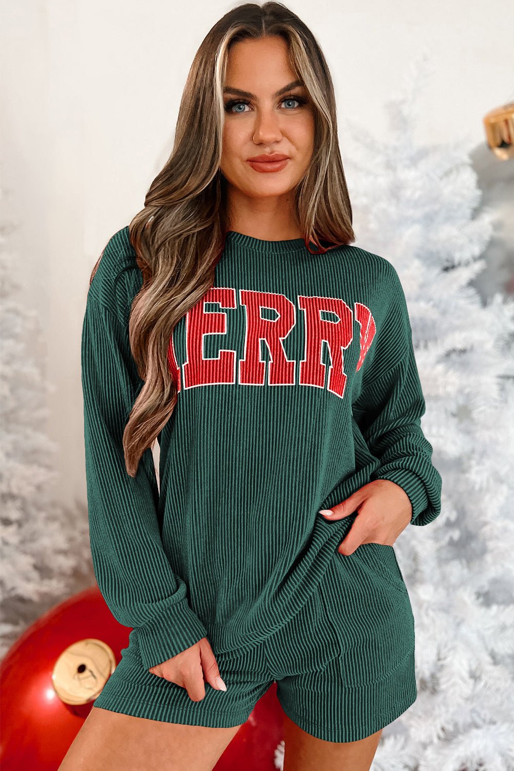 Evergreen Corded MERRY Graphic Long Sleeve Top and Shorts Set - Crowned Energy CO.