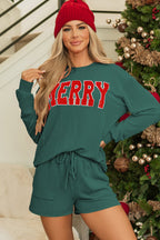 Evergreen Corded MERRY Graphic Long Sleeve Top and Shorts Set - Crowned Energy CO.