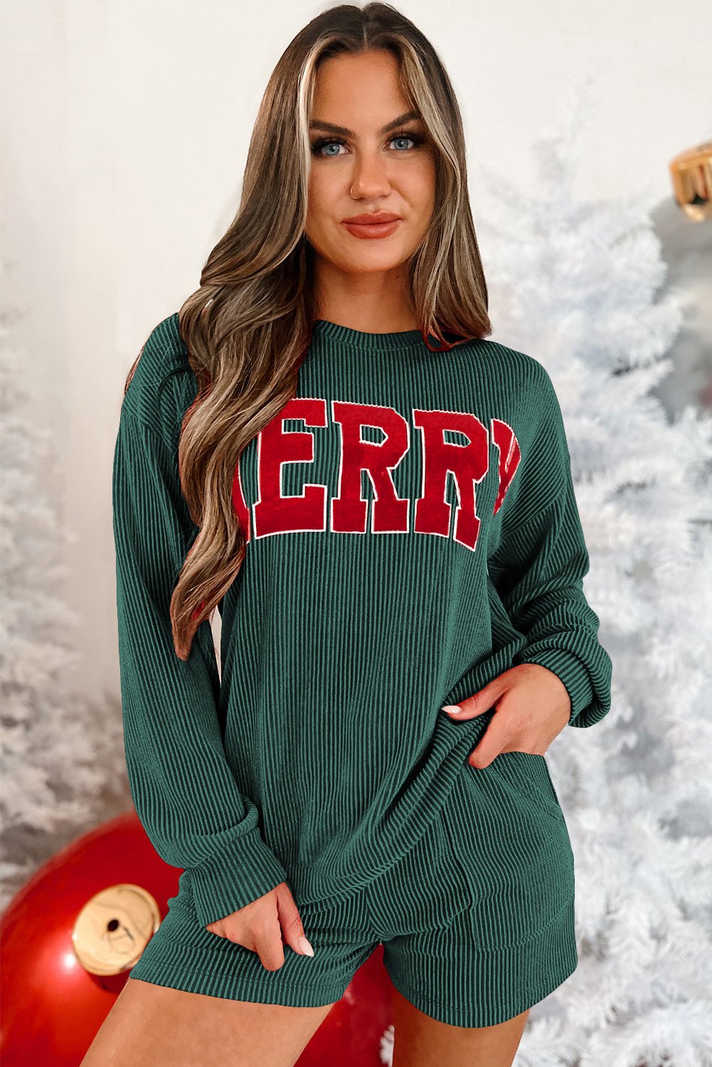 Evergreen Corded MERRY Graphic Long Sleeve Top and Shorts Set - Crowned Energy CO.