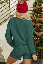 Evergreen Corded MERRY Graphic Long Sleeve Top and Shorts Set - Crowned Energy CO.