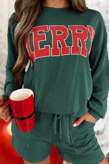 Evergreen Corded MERRY Graphic Long Sleeve Top and Shorts Set - Crowned Energy CO.