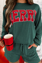 Evergreen Corded MERRY Graphic Long Sleeve Top and Shorts Set - Crowned Energy CO.