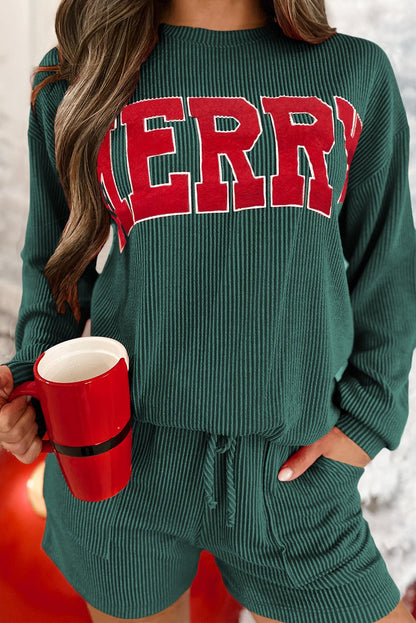 Evergreen Corded MERRY Graphic Long Sleeve Top and Shorts Set - Crowned Energy CO.