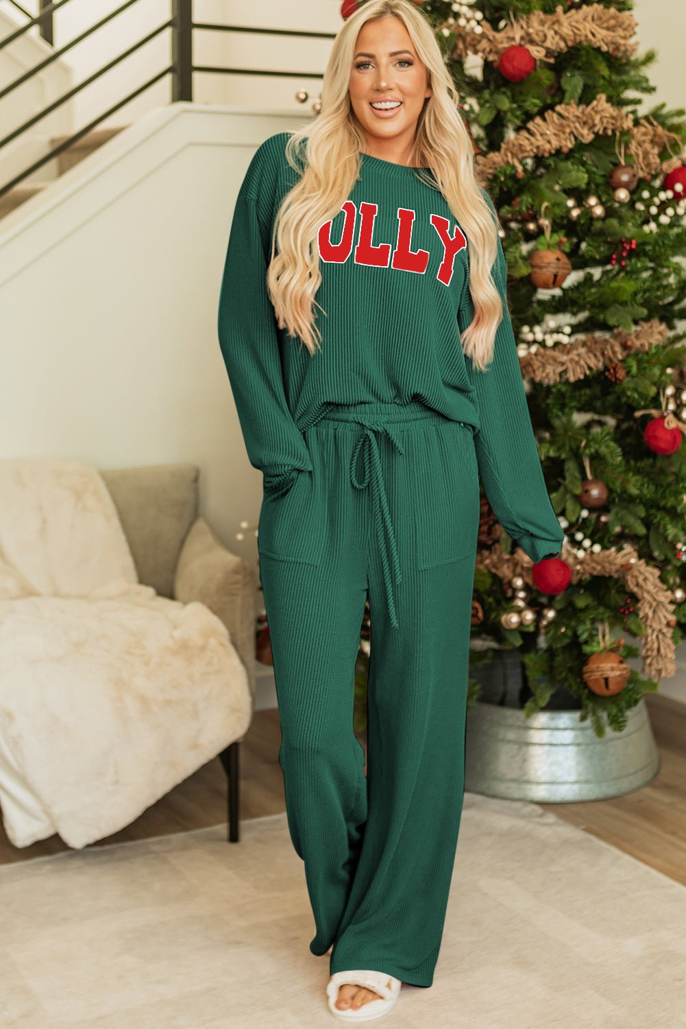 Evergreen JOLLY Corded Long Sleeve Top and Pockets Pants Set - Crowned Energy CO.