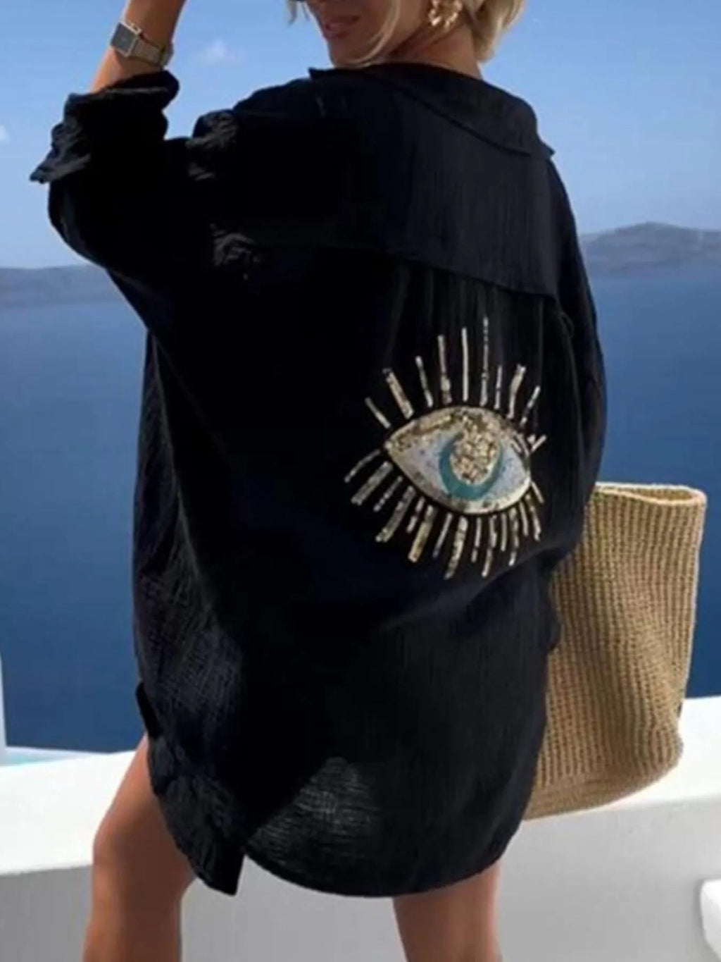 Crowned Energy CO. White / S Trendsi swim wear Evil Eye Embroidered Oversized Shirt