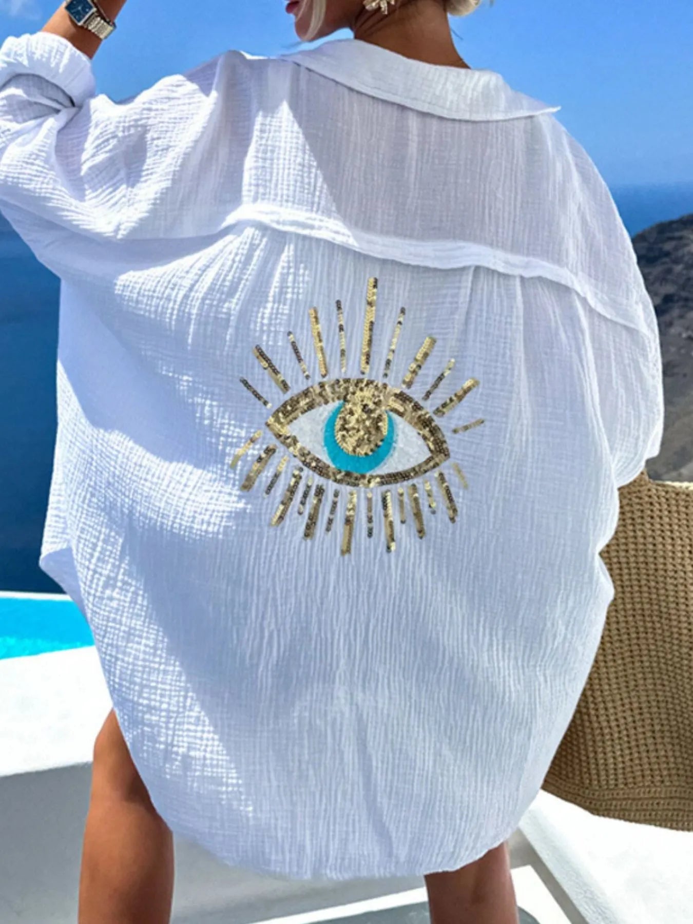 Evil Eye Embroidered Oversized Shirt - Goddess Vibes