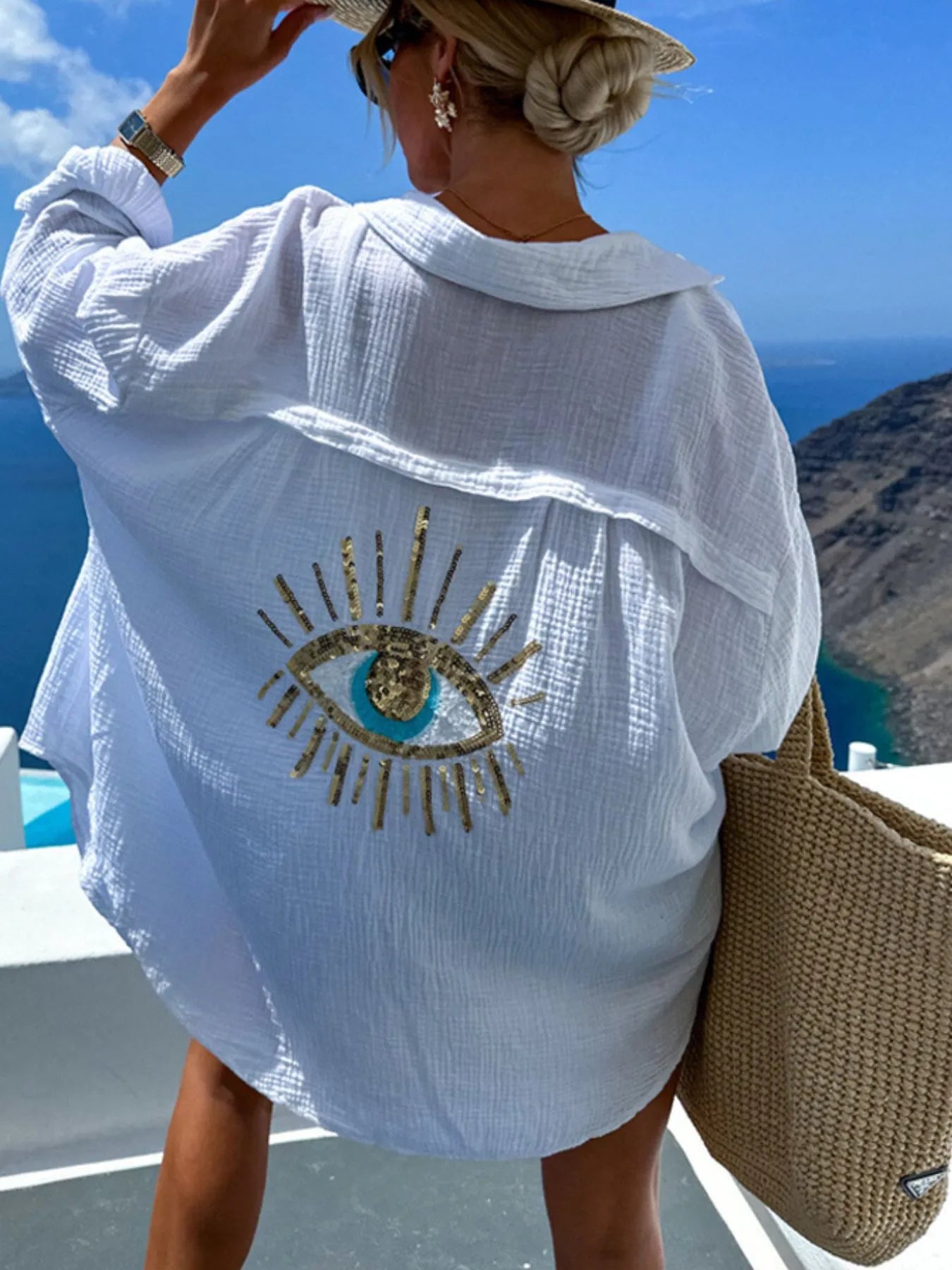 Crowned Energy CO. White / S Trendsi swim wear Evil Eye Embroidered Oversized Shirt
