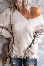 Exposed Seam Fringe Hem V - Neck Long Sleeve Sweater - Goddess Vibes