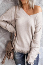 Exposed Seam Fringe Hem V - Neck Long Sleeve Sweater - Goddess Vibes