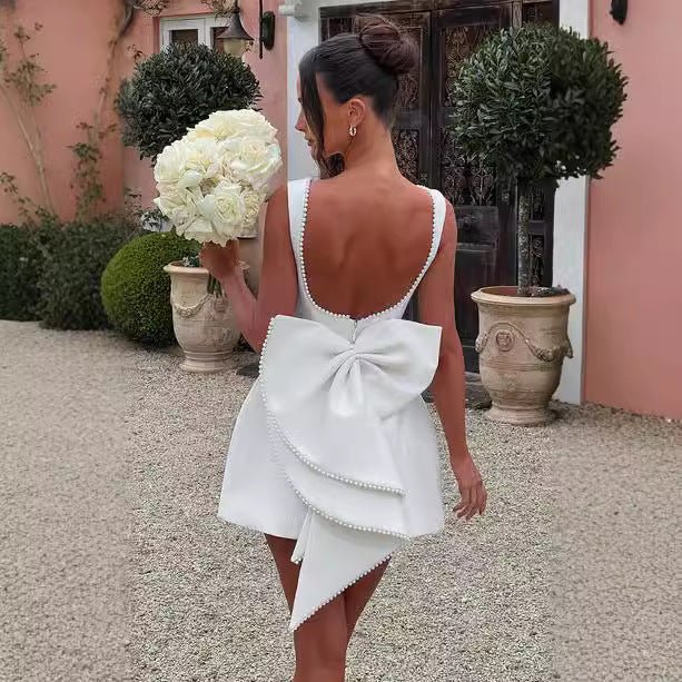 Crowned Energy CO. Black / L Goddess Vibes Dresses Fashion Big-Bowed Pearls Backless Dress Summer Slim Sleeveless A-line Dresses For Party Evening Women's Clothing