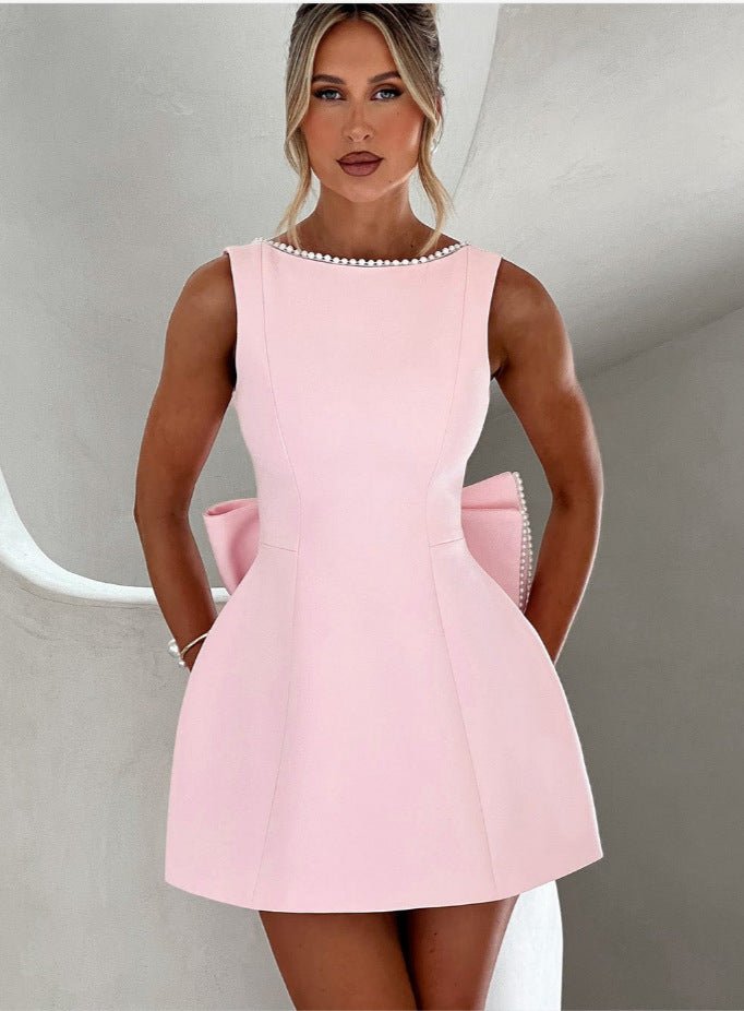 Crowned Energy CO. Pink / L Goddess Vibes Dresses Fashion Big-Bowed Pearls Backless Dress Summer Slim Sleeveless A-line Dresses For Party Evening Women's Clothing