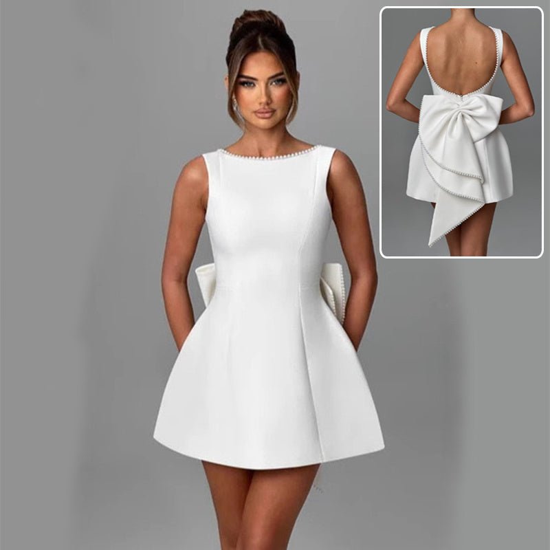 Crowned Energy CO. Black / L Goddess Vibes Dresses Fashion Big-Bowed Pearls Backless Dress Summer Slim Sleeveless A-line Dresses For Party Evening Women's Clothing