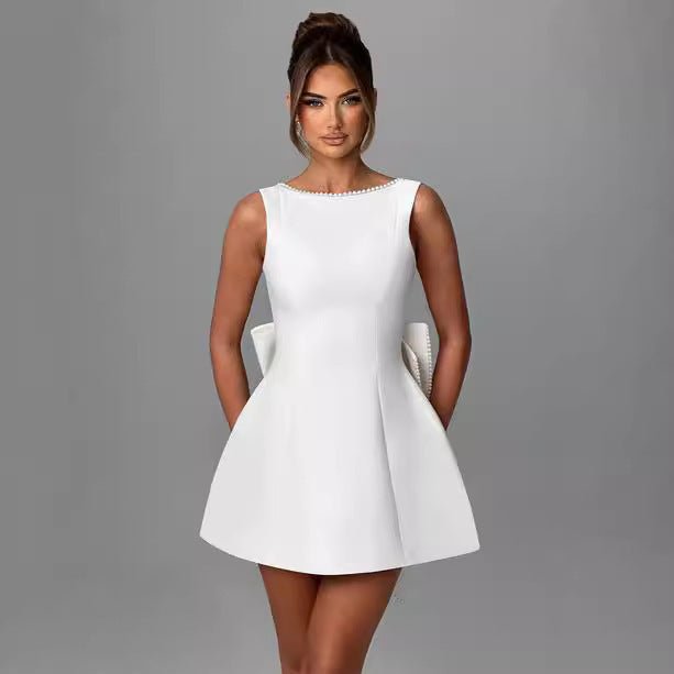 Crowned Energy CO. White / 2xl Goddess Vibes Dresses Fashion Big-Bowed Pearls Backless Dress Summer Slim Sleeveless A-line Dresses For Party Evening Women's Clothing