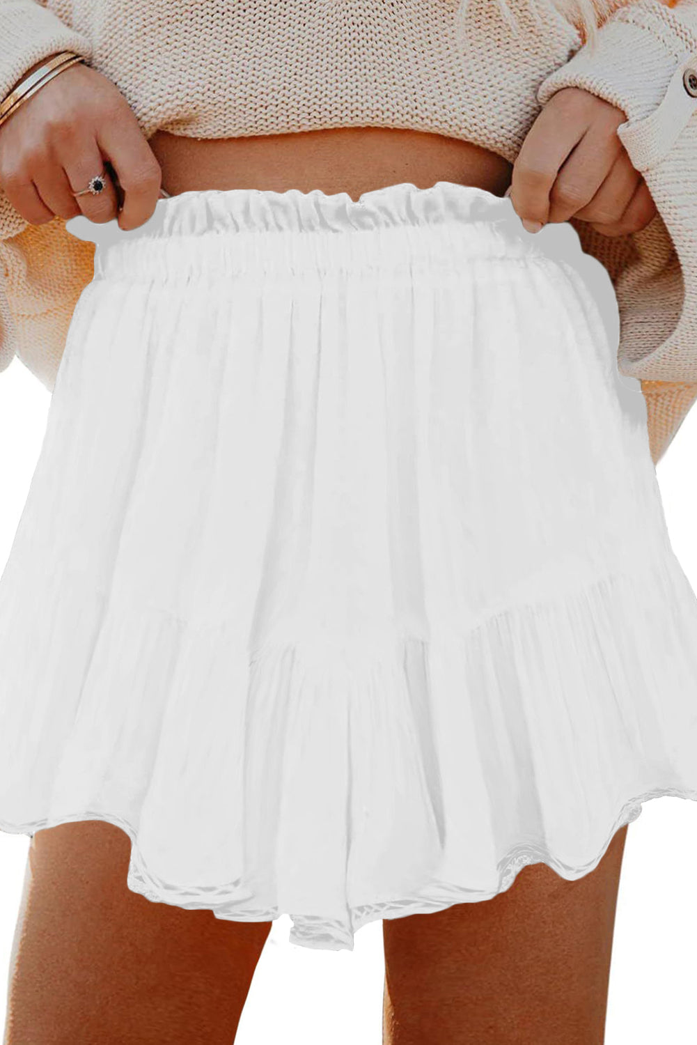 White Plus Size Frilled Elastic Waist Lace Trim Boho Ruffled Shorts