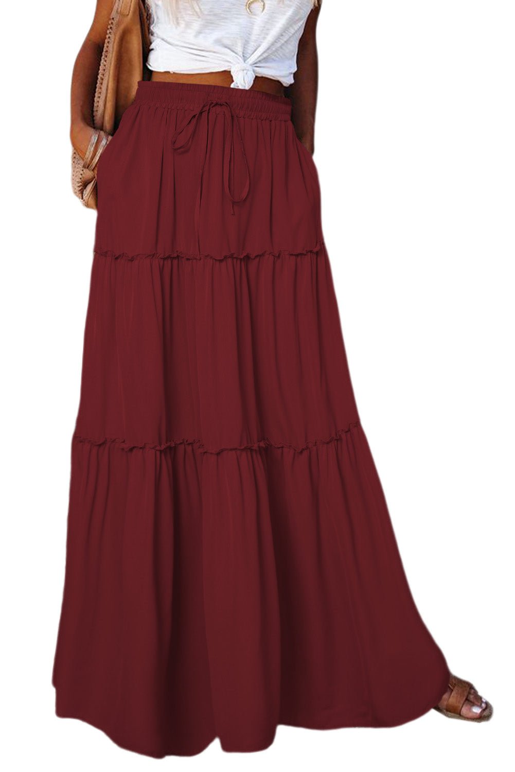 Fiery Red Black Frill Tiered Drawstring Waist Maxi Skirt - Crowned Energy CO.