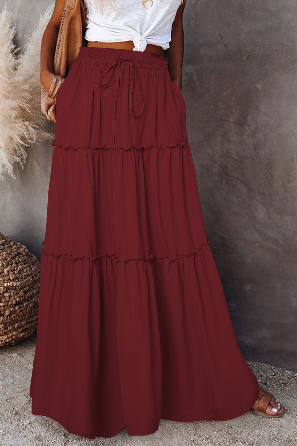 Fiery Red Black Frill Tiered Drawstring Waist Maxi Skirt - Crowned Energy CO.