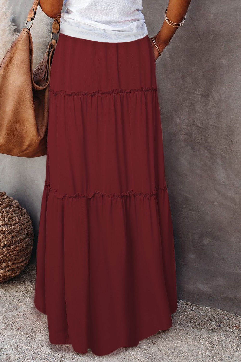 Fiery Red Black Frill Tiered Drawstring Waist Maxi Skirt - Crowned Energy CO.