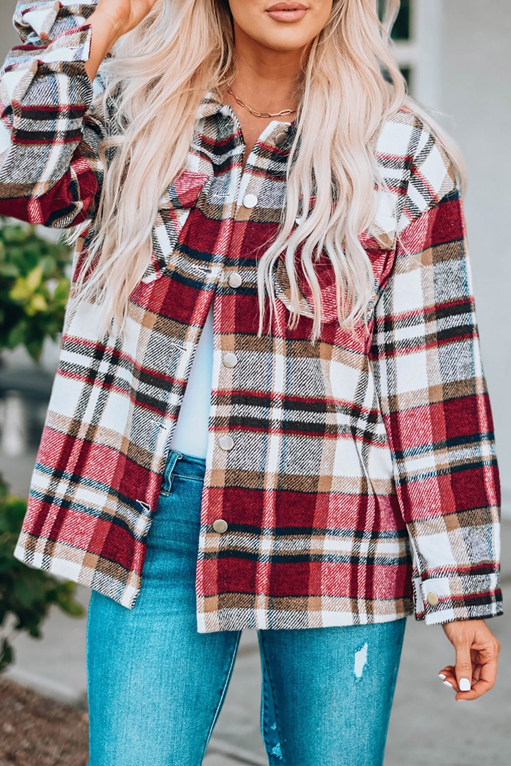 Fiery Red Geometric Plaid Print Pocketed Shacket - Crowned Energy CO.