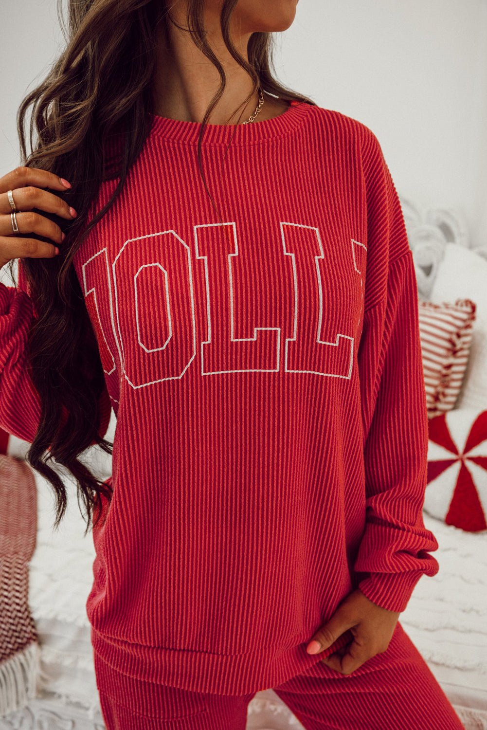 Fiery Red JOLLY Corded Long Sleeve Top and Pockets Pants Set - Crowned Energy CO.