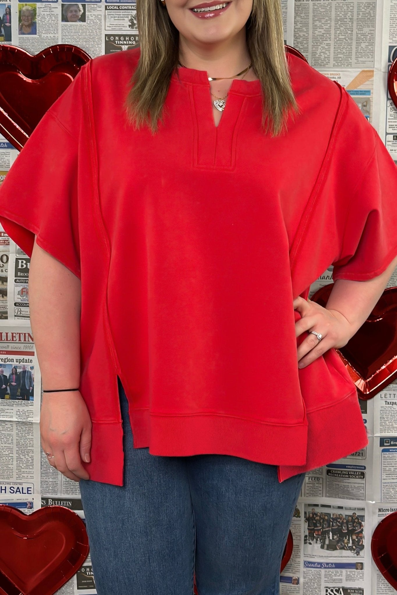 Fiery Red Plus Size Solid Color Notched Neck Seam Detail Patchwork Short Sleeve Top - Crowned Energy CO.